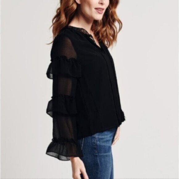 Anthropologie BB Dakota black ruffle sleeve blouse - Picture 2 of 6